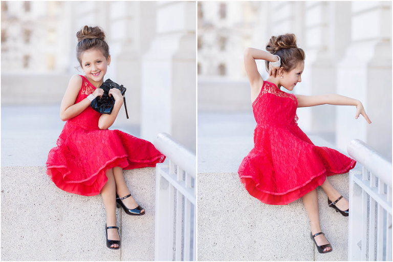 portrait of little girl in red dress at city hall san francisco