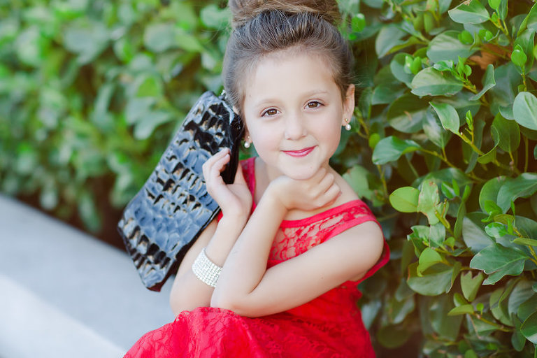 beautiful portrait of a little girl in a red dress and diamonds