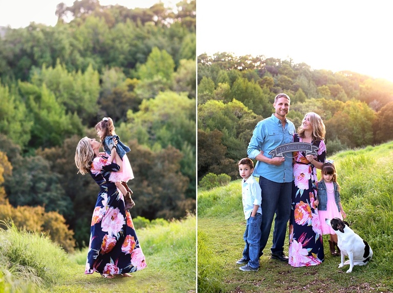 gorgeous family posing for pictures in green rolling pleasanton hills