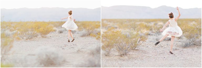 9 year old little girl twirling in new dress in the las vegas desert