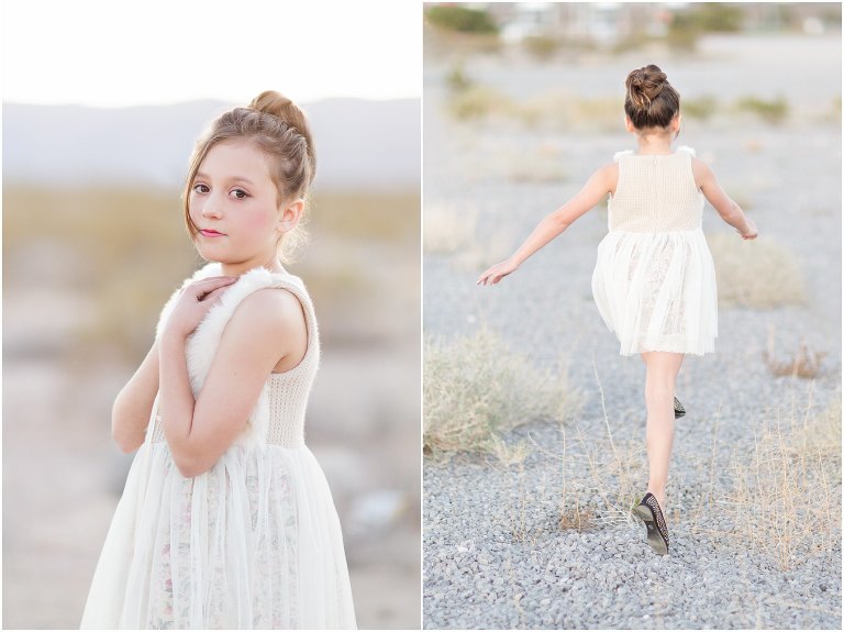 beautiful portrait of 10 year old little girl modeling in the las vegas desert