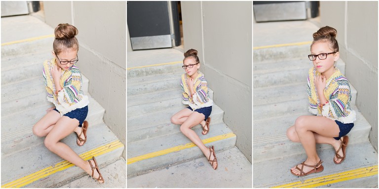 beautiful little girl posing on stairs in downtown Livermore
