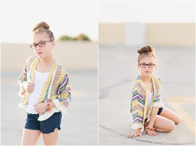 Child girl modeling new Ray Ban presciption glasses at Livermore parking structure