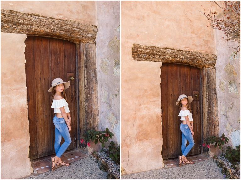 yound girl posing for portraits at carmel mission