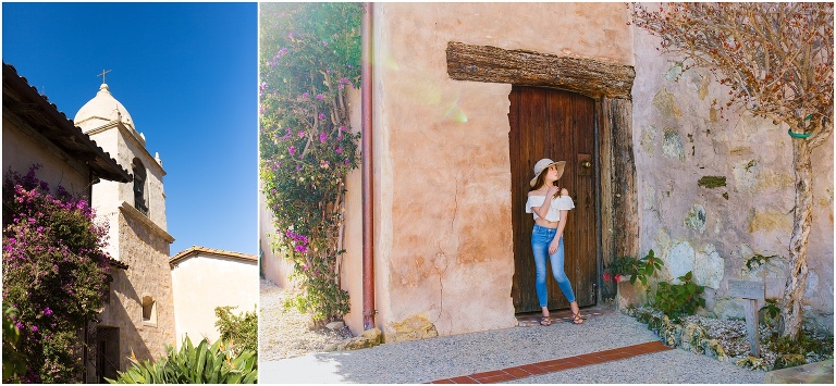 girl posing in front of door at carmel mission