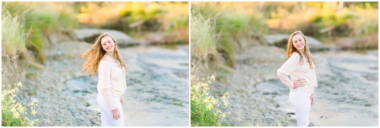 gorgeous bright image of high school senior walking along side river in livermore